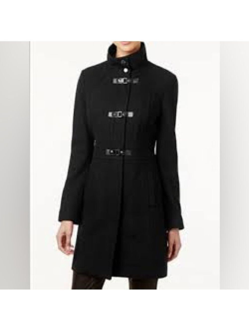 Kenneth Cole New York Black Wool Blend Buckle Coat Sz 10